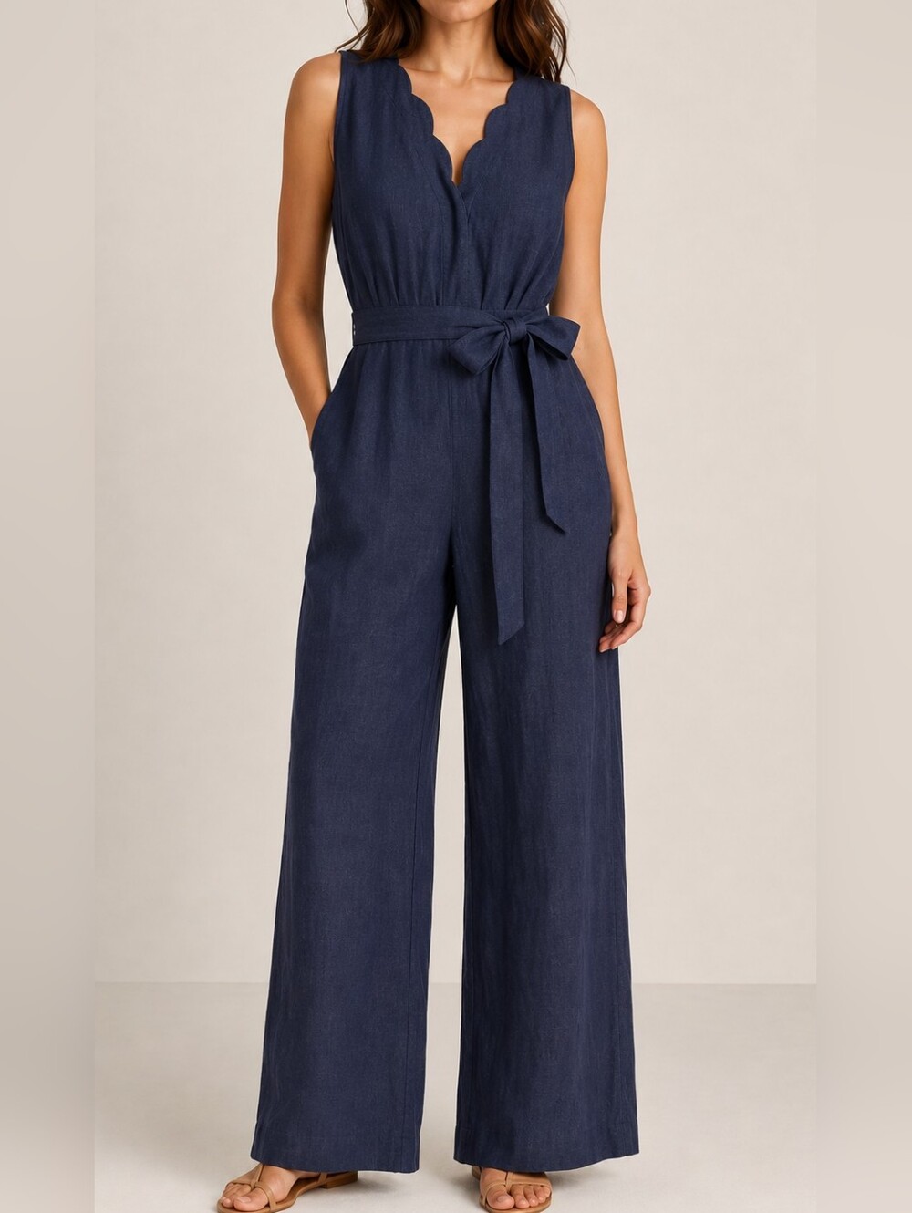 NWT Nicole Miller Linen Denim Chambray Wide Leg Jumpsuit Navy NWT Size 10